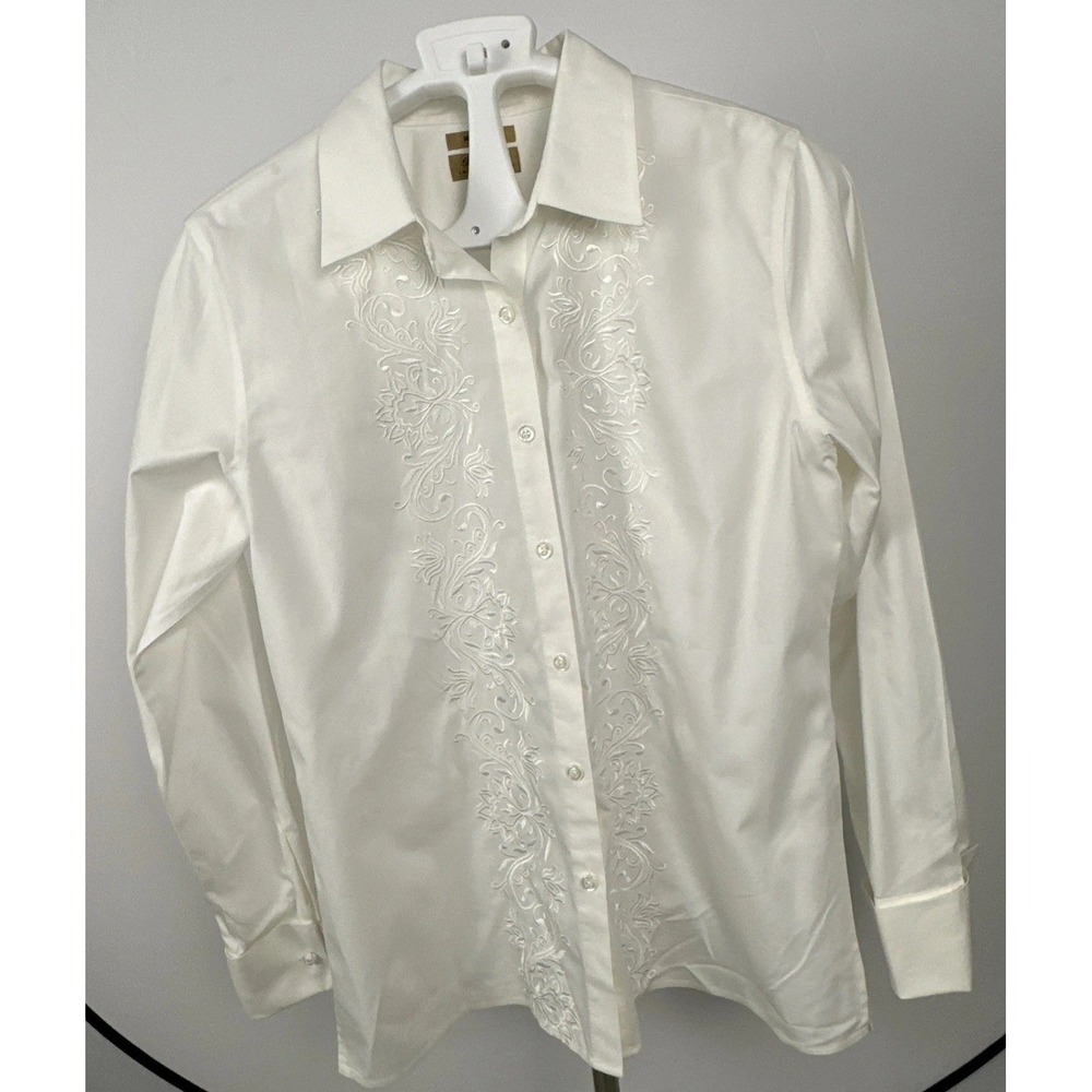 Gold Label Non-Iron White Embroidered Shirt Women's Sz 14 ButtonUp Long Sleeves